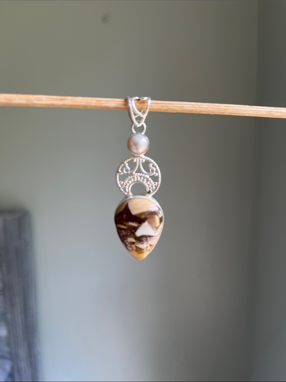 Sterling Silver Teardrop Jasper Pendant with Pearl Accent